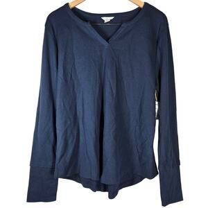 Caslon Notch V-Neck Organic Cotton Thermal Waffle Top Navy Indigo‎ L NWT